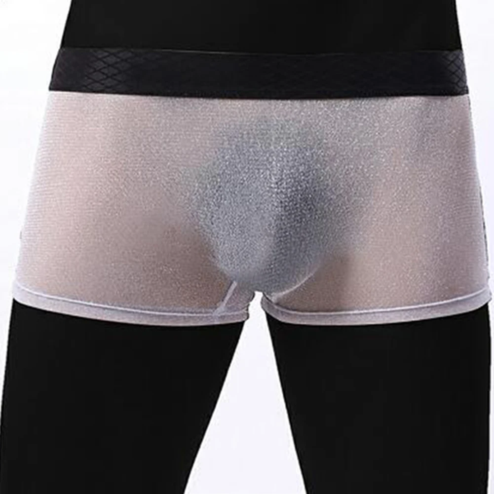 メンズパンティーシースルーボクサー超薄型ビキニ男性ブリーフショート弾性下着男性メッシュバルジポーチ光沢のあるパンツ