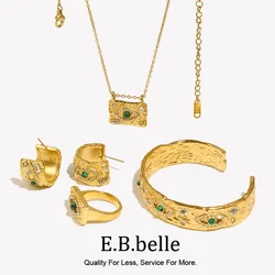 Malachite Eye Beat Pattern Rhinestone Open Bracelet 316L Stainless Steel Jewelry 18K Gold Plated Women's Ring Jewelry Set