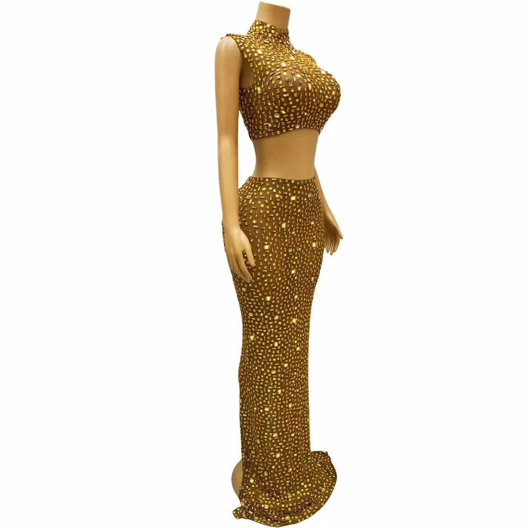 Popularna złota błyszcząca suknia wieczorowa kostium piosenkarki sukienka bankietowa spódnica kostiumowa do klubu nocnego
