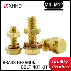 M4 M5 M6 M8 M10 M12 Copper Screw All-Copper Nut Set Brass Outer Hexagon Screw Bolt Flat Pad Spring Pad Assortment Kits