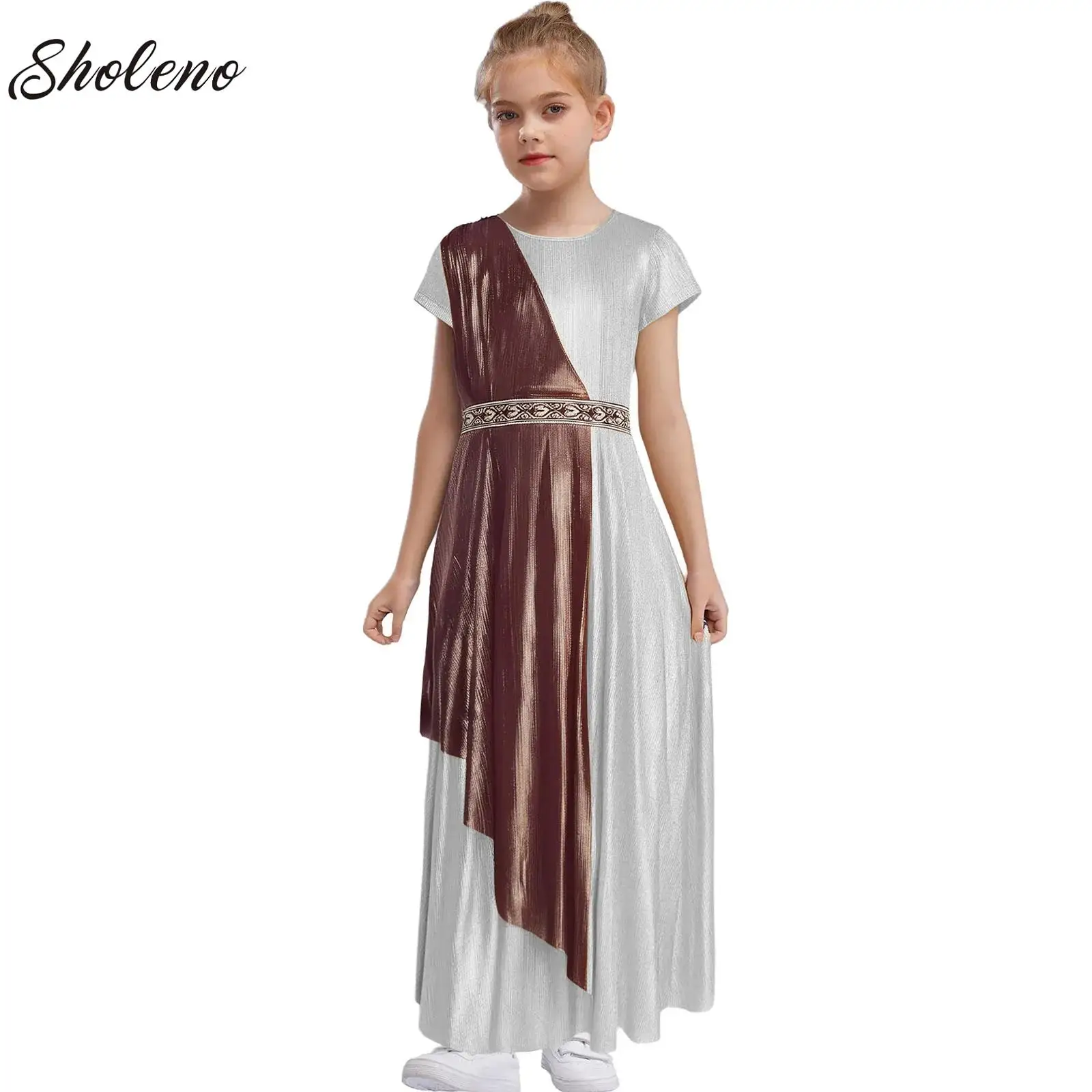 

Kids Girls Halloween Ancient Greek Toga Robe Costume Athena Goddesses Rome Egypt Princess Dress Asymmetrical Cape Dresses