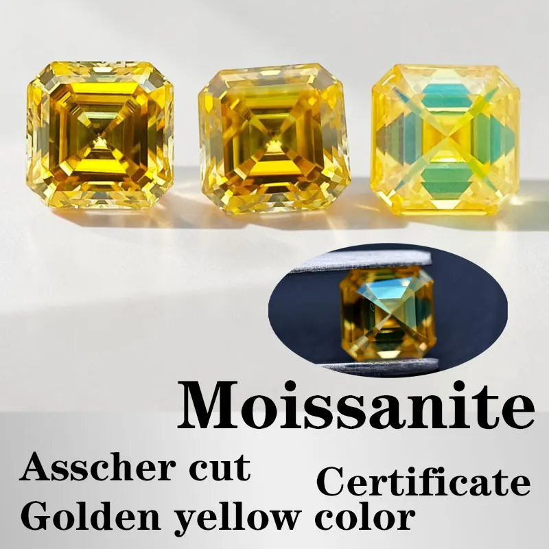 

Moissanite Asscher Cut Golden Yellow Color Certificate Artificial Gemstone VVS1 High Quality