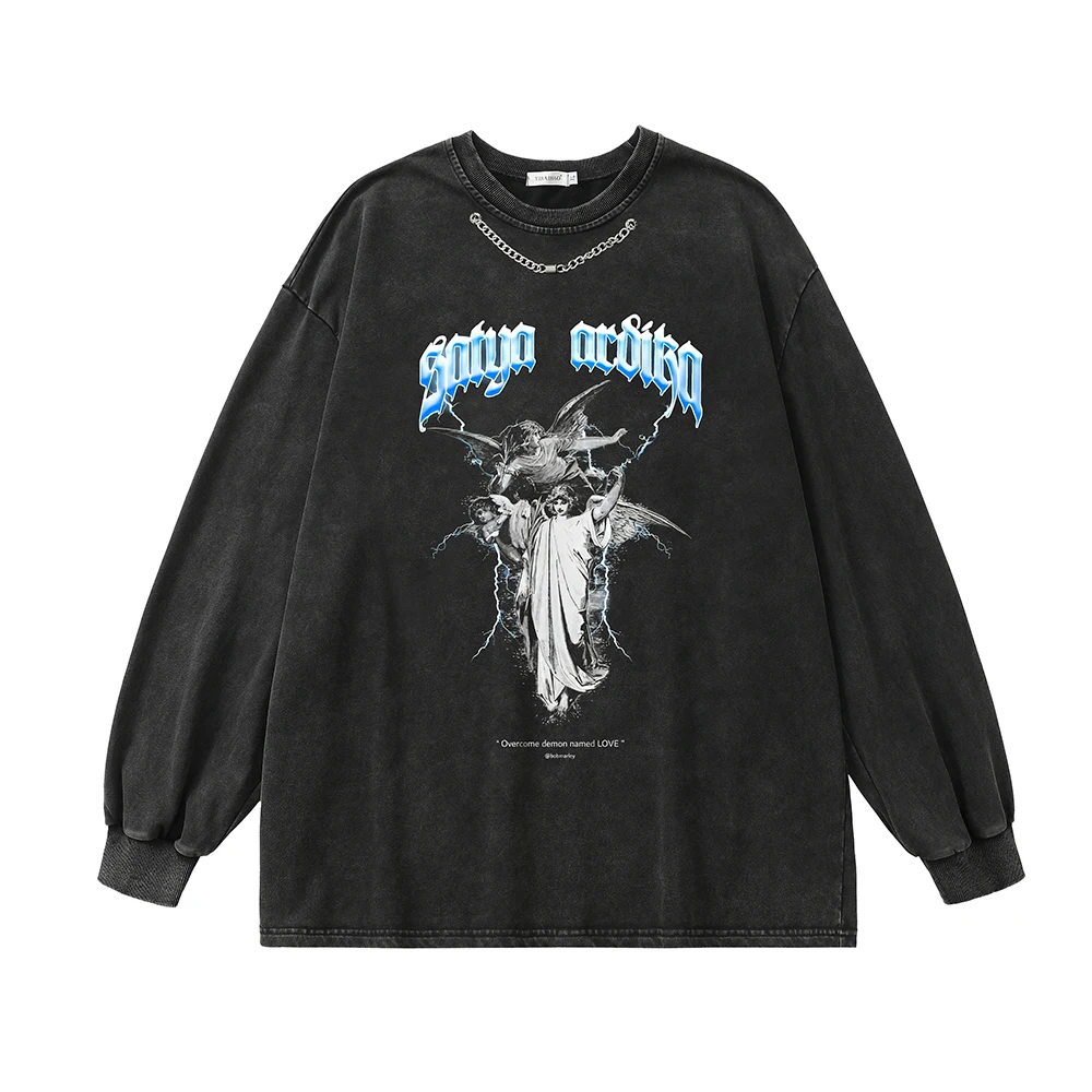 Angels Print Long Sleeve Oversize Graphic T Shirts Y2k Men Streetwear Loose Vintage Retro Tees Harajuku Anime Cotton Gothic Tops