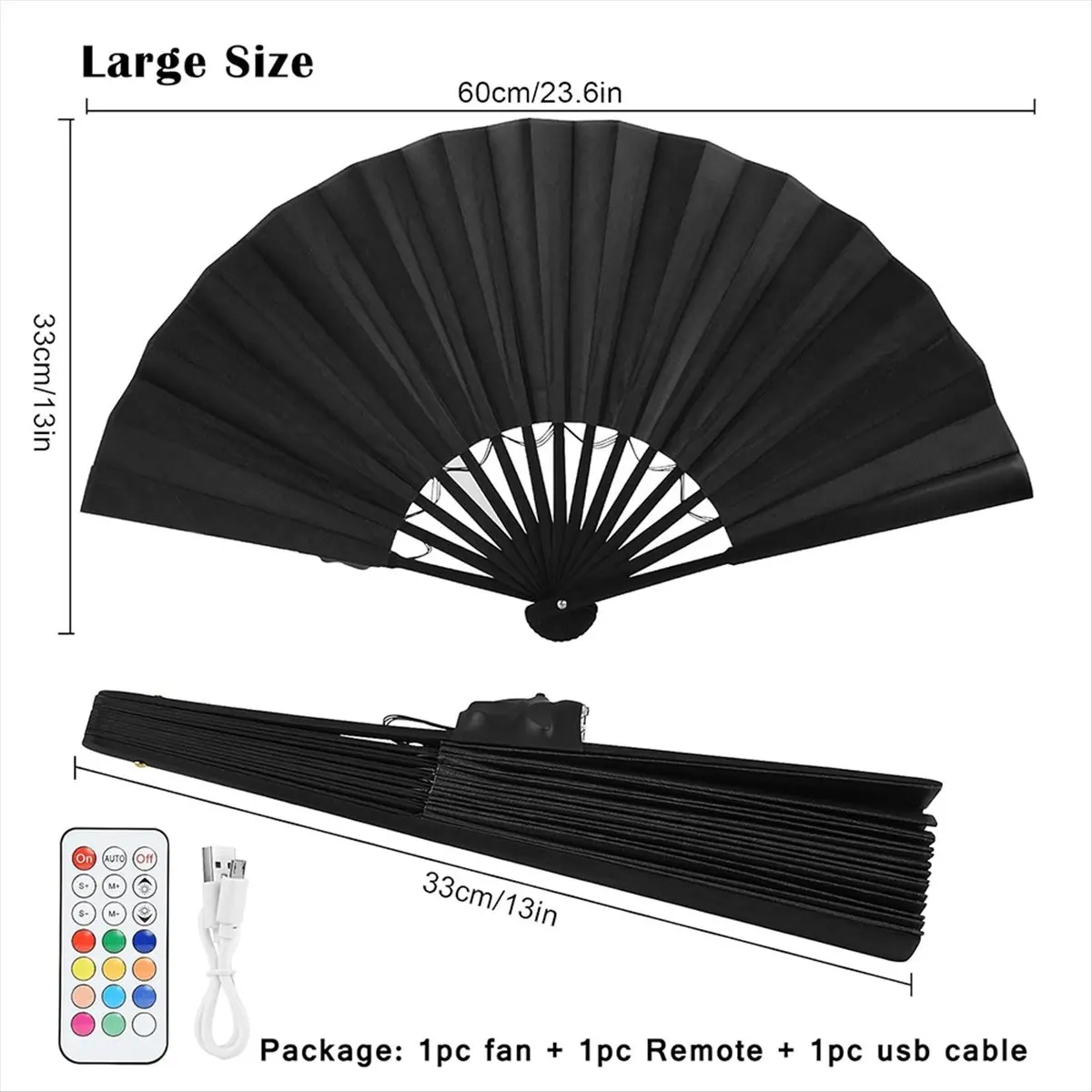 Led brilhante colorido chinês ventilador dobrável de mão com controle remoto desempenho de palco mostrar iluminar ventilador preto-TCES