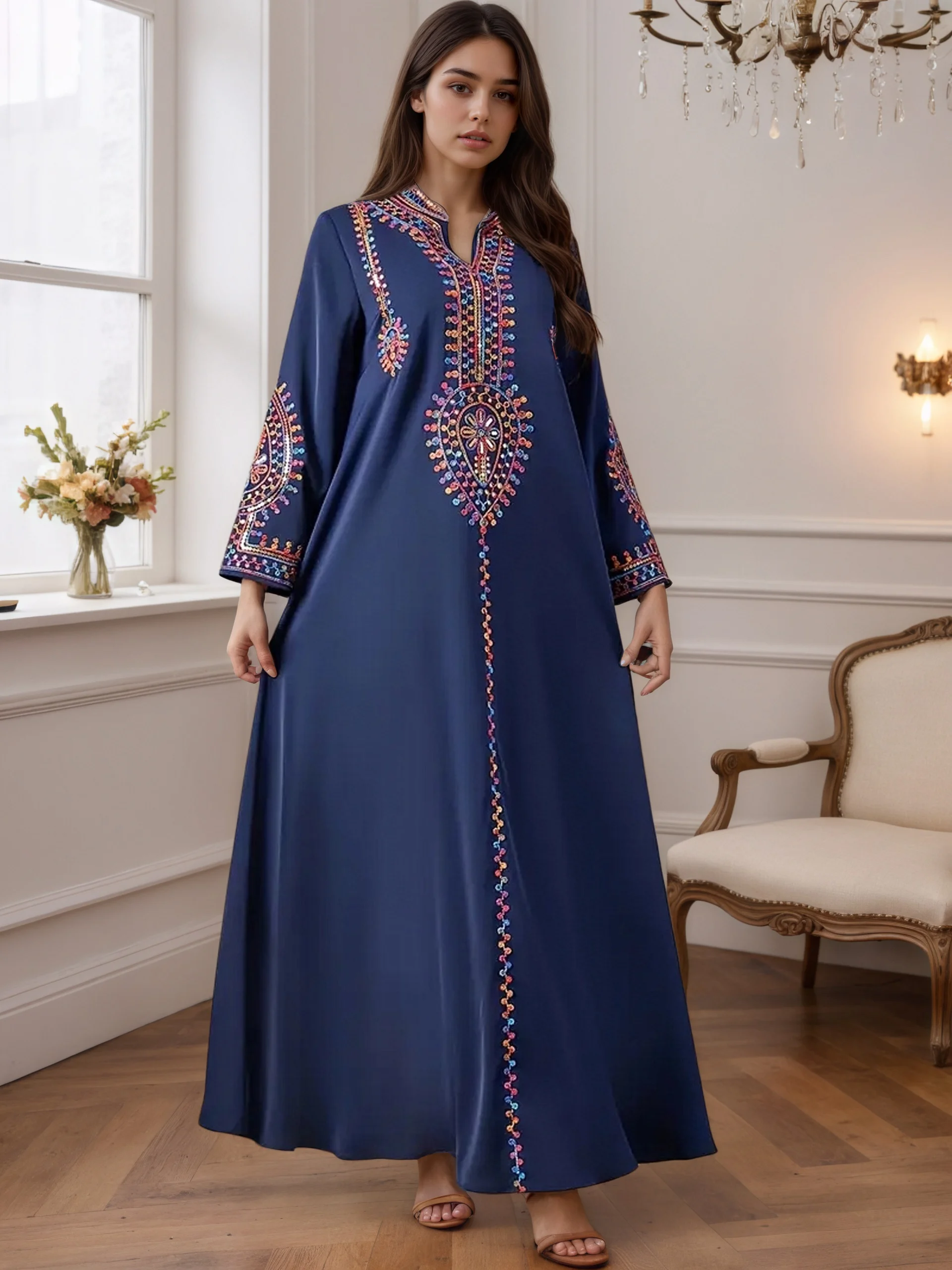 2025 Hot Sell Moroccan Style Islam Women Navy Blue Abaya Intricate Hand Embroidered Patterns for Arabian evey Cultural Festivals