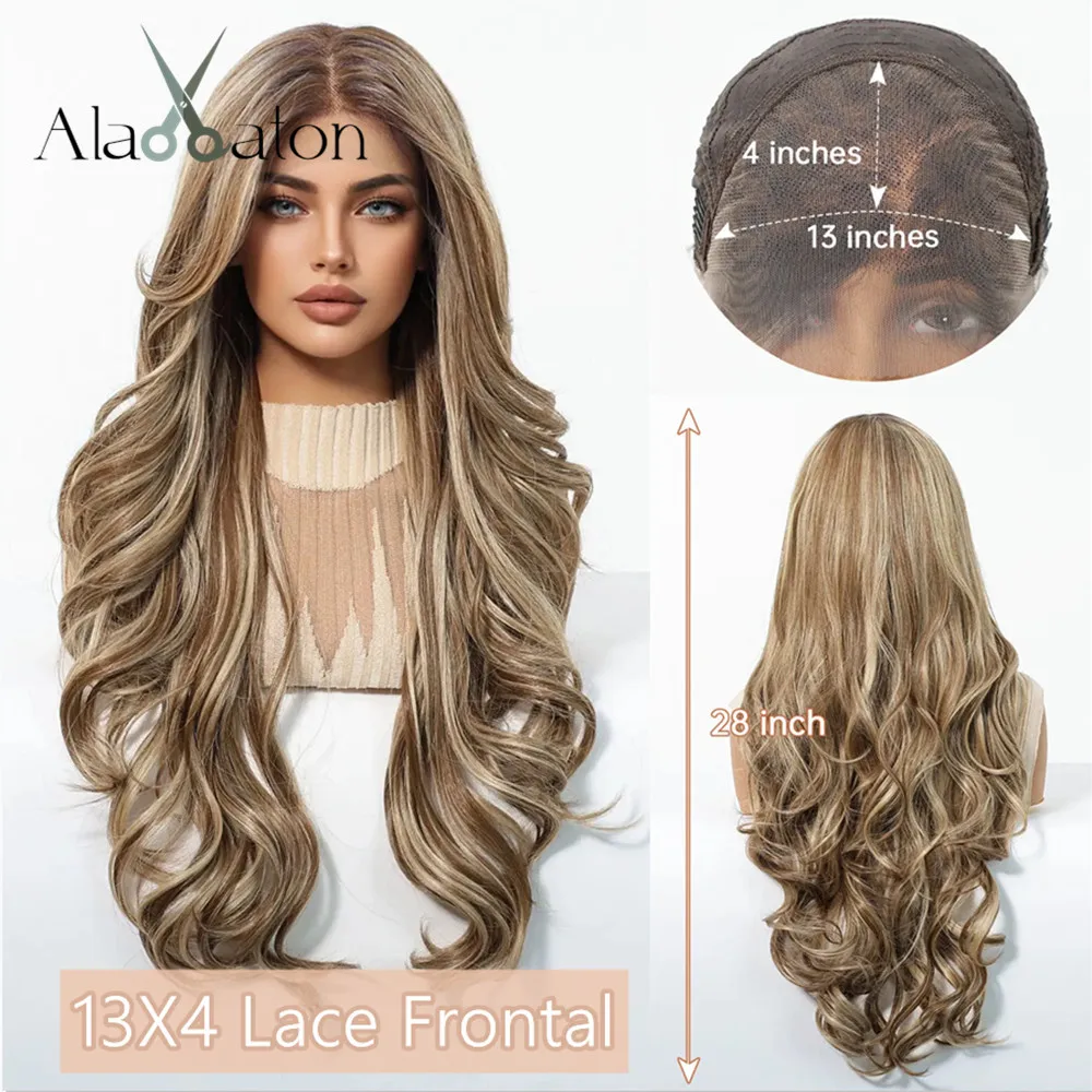 

13*4 Lace Frontal Synthetic Wigs Brown Highlight Wig Long Natural Body Wavy Hair for Women Realistic Daily Wig Heat Resistant