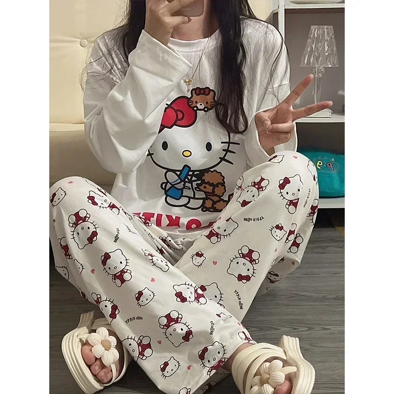 New Women\'s Simple Casual Long Sleeve Long Pants Two Piece Pajamas Women\'s Loose Round Neck Cute Kitty Homewear Ladies Nightwear