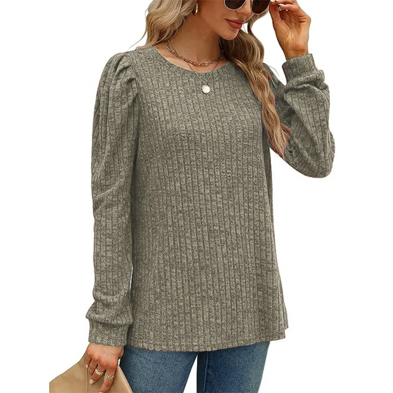 New Women's Fashionable Round Neck Bubble Sleeve Waist Cinched Top Loose Pullover Knitted Sweater