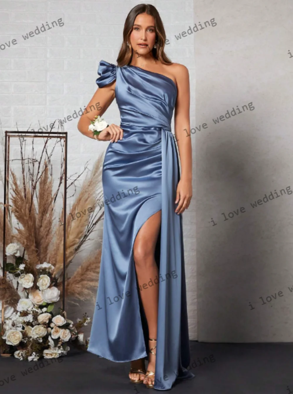 

New One Shoulder Satin Bridesmaid Dress Ruched Cocktail Dress Shoulder Knot Long Dress Side Split Slim Fit Customized
