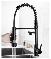 Black Pull Down Kitchen Sink Faucet Hot Cold Water Mixer Crane Tap with Dual Spout 360 Rotation High Faucet Deck Mounted