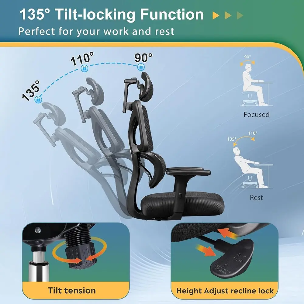 Office Chair Big And Tall Reclining Ergonomic Desk Chair For Long Hours, Comfy Breathable Mesh, Adjustable Armrests With Lumbar