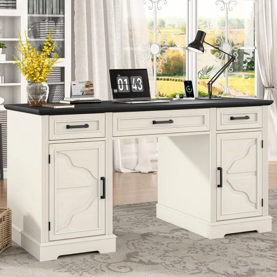 Computer Desk with File Drawer,Rustic Executive Desk with Drawers Wood Office Desk with Ample Storage Drawers,Farmhouse Large H