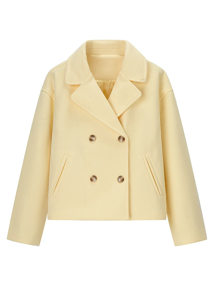 معطف صوفي قصير أصفر للنساء 2025 خريف جديد أنيق موضة التلبيب طوق مزدوجة الصدر كم كامل معاطف ملابس خارجية غير رسمية