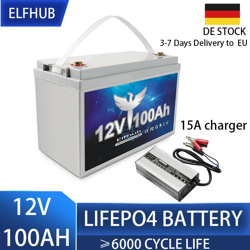 Elfhub 12V 100Ah LiFePo4 Battery 1280Wh Built-in BMS Lithium Iron Phosphate Cell Pack for Solar RV Marine Off-Grid Free VAT