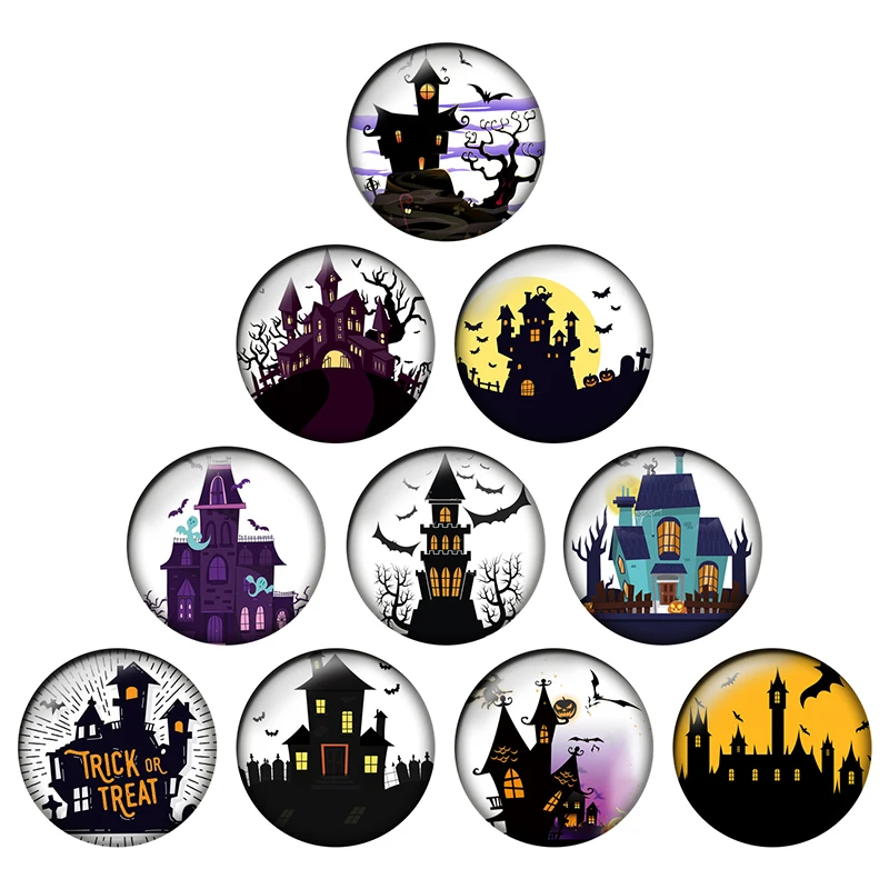 

Halloween Black Night Castle Pattern Round Photo Glass Cabochon Demo Flat Back Making Findings jewelry making supplies H048