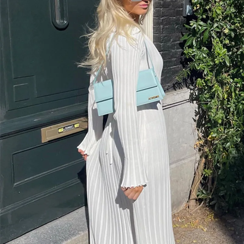 Gonna in maglia con scollo a V autunnale da donna Moda a costine a maniche lunghe a vita alta Abito a pieghe da donna Elegante maglieria Streetwear Abiti
