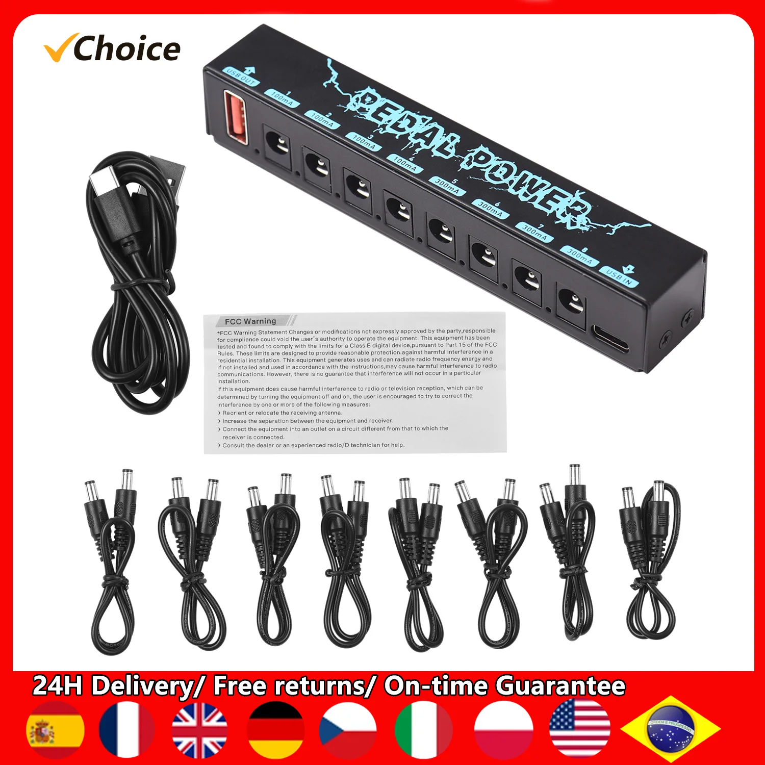 Guitar Pedal Power Guitar Effector Power Supply 8 Isolated DC Output Isolated Power USB IN 5V 2.1A & 8 DC OUT 9V & 1 USB OUT