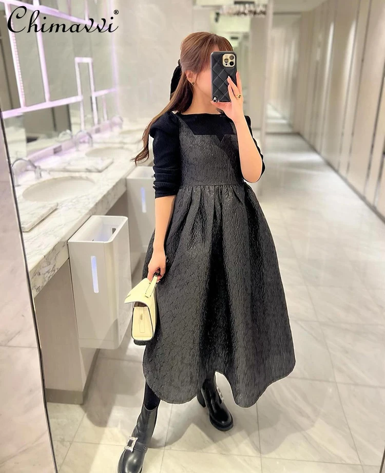 Japanese Style Three-Dimensional Bubble Fabric Large Swing Sleeveless Vest Dress Autumn Girl Lady High Waist Loose Long Dress