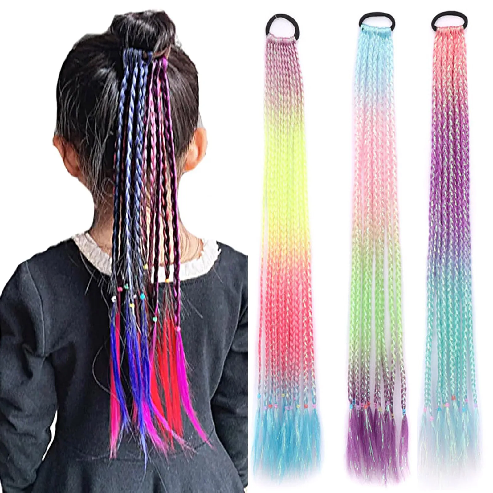 

Synthetic Colored Braids Ponytails Hair Extension with Rubber Bands Ponytail Hair for Girls Hair Accessories Colorful Hairpiece