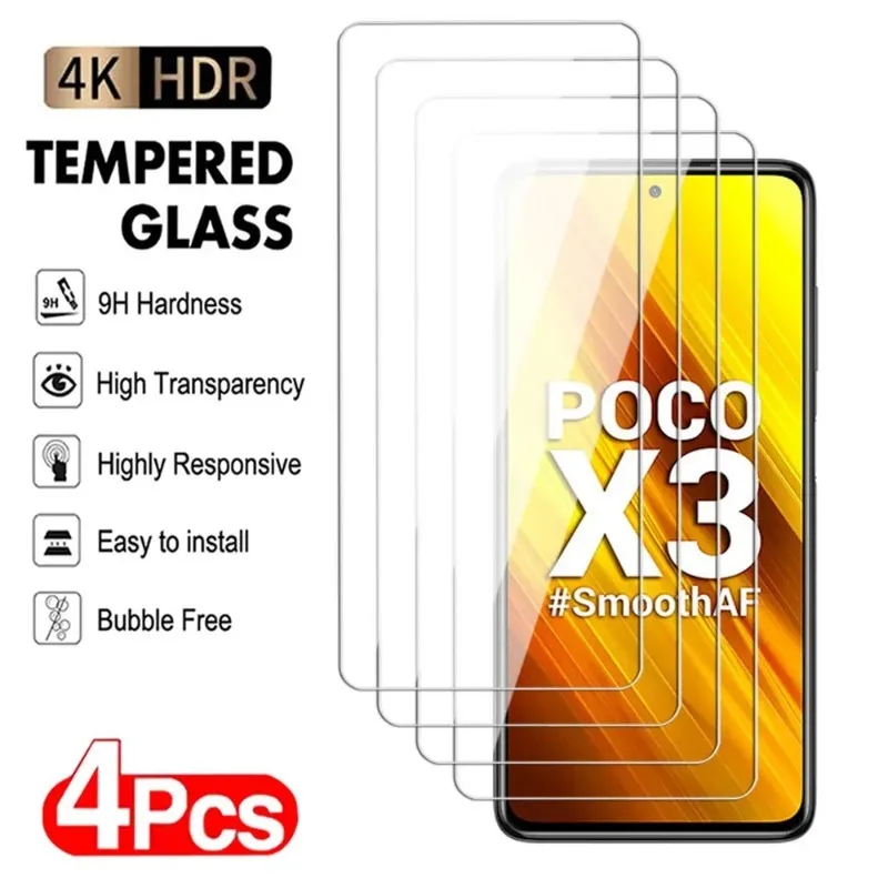 4Pcs Tempered Glass For Xiaomi POCO F3 F4 F5 GT F5 RRO Screen Protector For Xiaomi X3 GT X4 X5 PRO X3 NFC Protective Glass Film