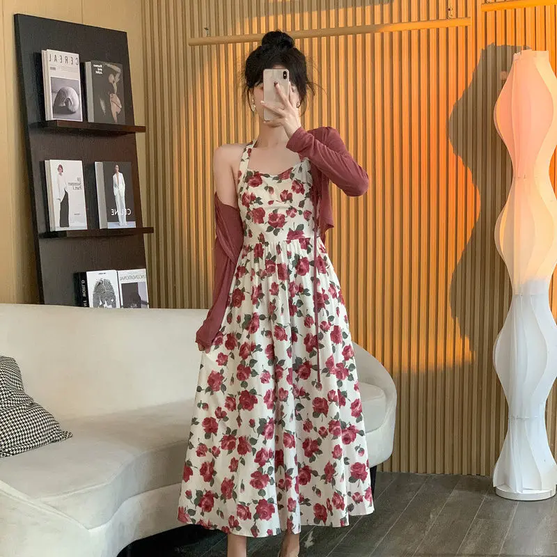 

Dress Sets Women Two Pieces Outfits Female All-match Fashion Summer Cropped Lace-up Sun-proof Cardigan and Print Vestidos G86