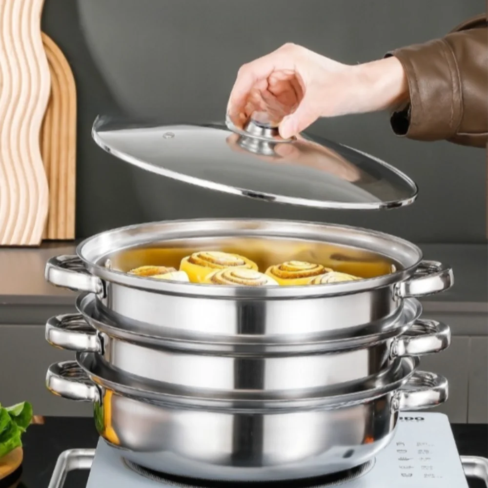 

3 Tier Stainless Steel Steamer with Glass Lid Thickened Steaming Cooker Cookware 28cm Multifunctional Cooking Pot