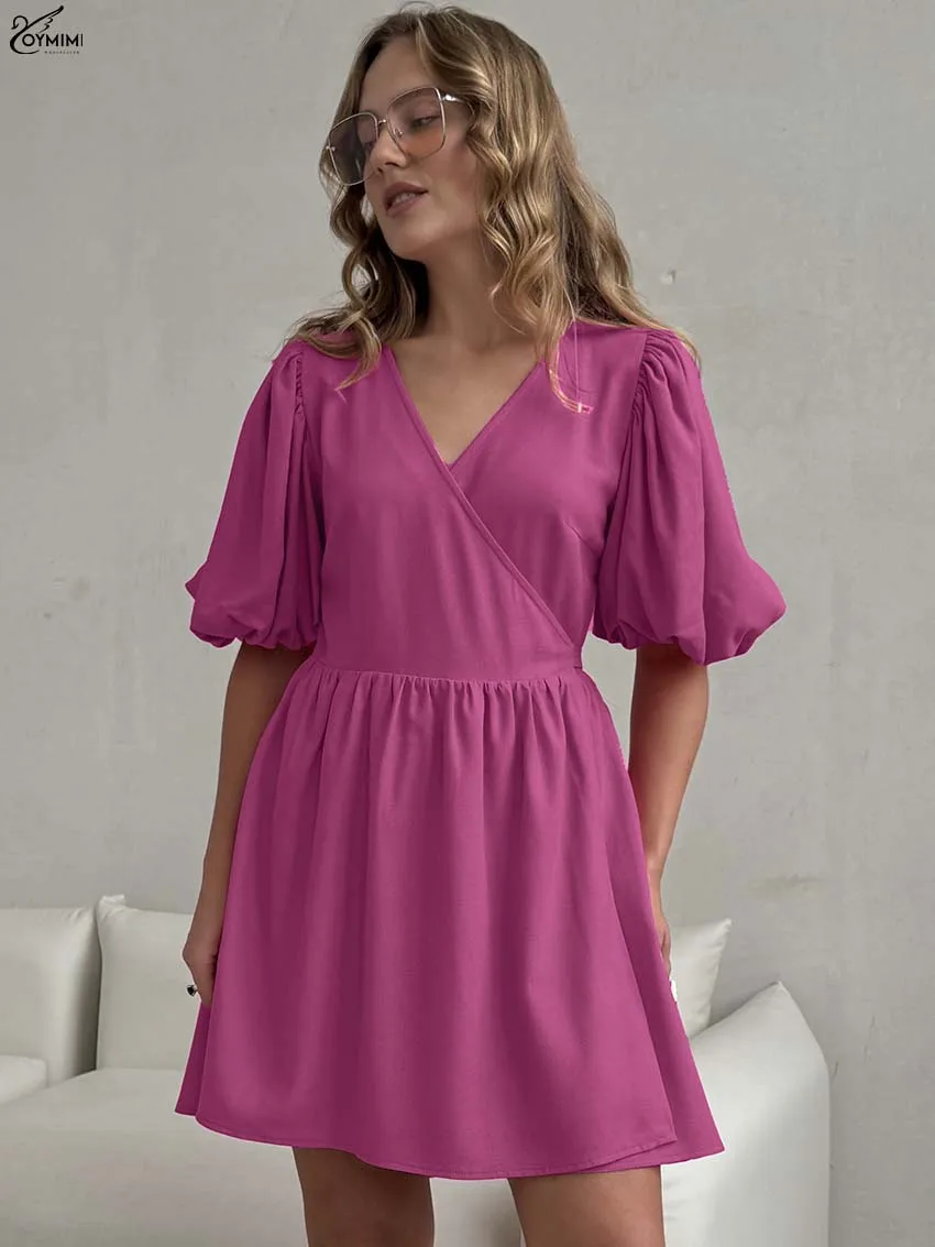

Oymimi Elegant Deep Pink Cotton Womens Dresses Fashion V-Neck Puff Sleeve Lace-Up Dresses Casual Loose Mini Dress Streetwear