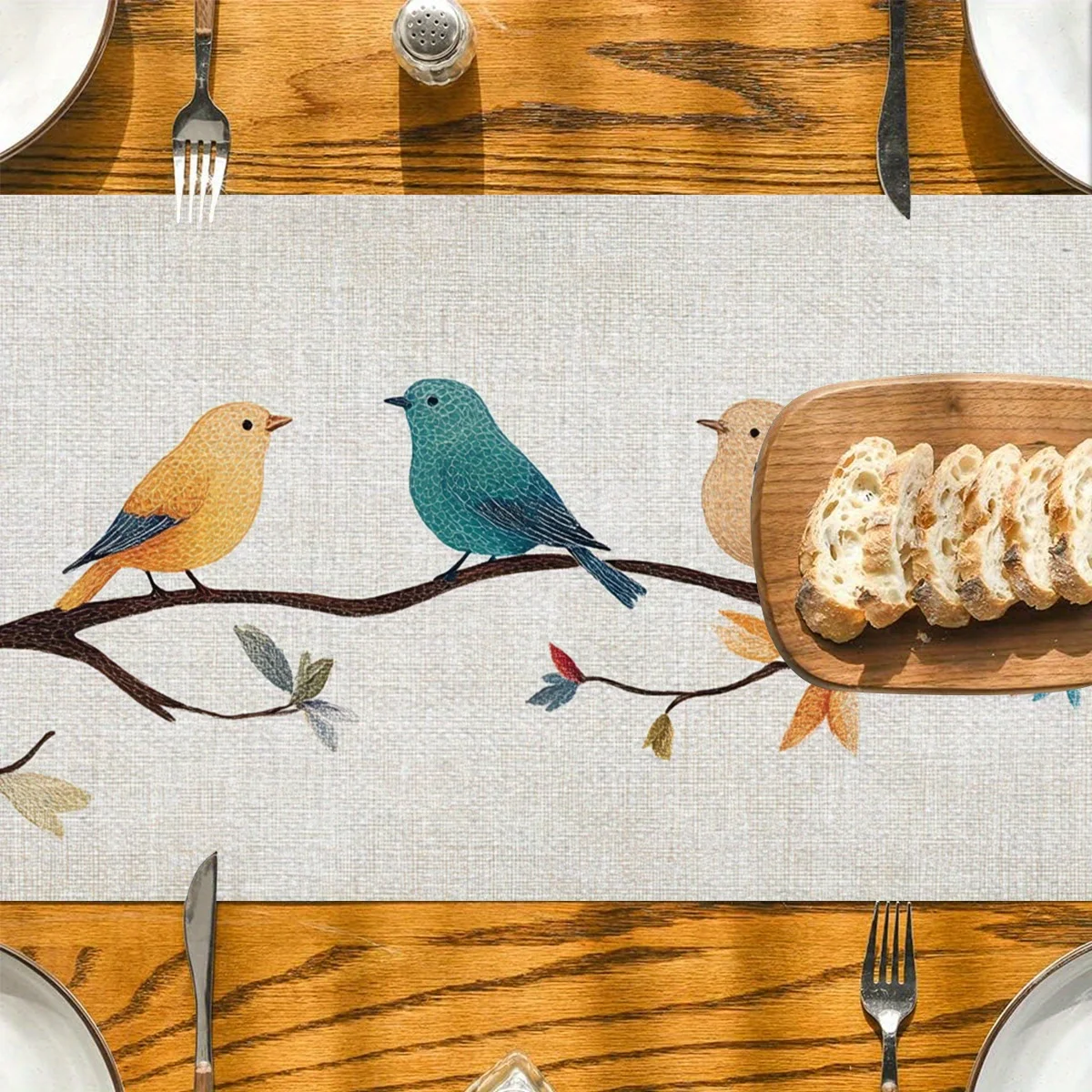 Spring Theme Colorful Birds Table Runner - Floral Branch Pattern Home Kitchen Dining Party Decoration
