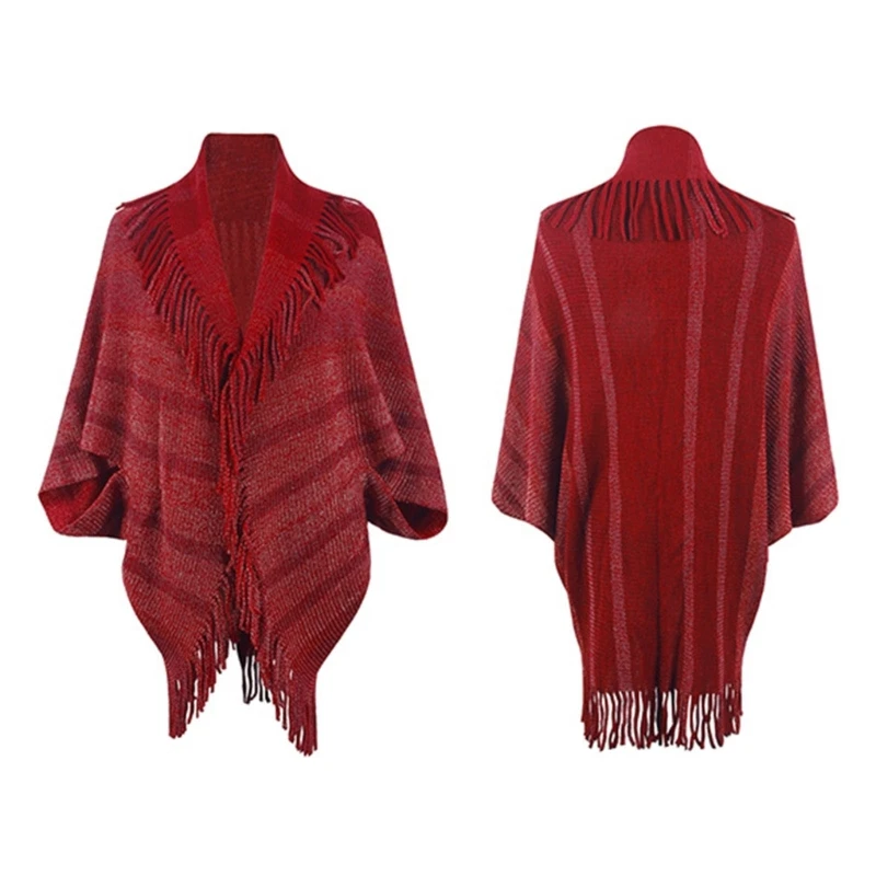 Woman Knitwear Coat Fashionable Tops Cosy Outerwear Knitted Striped Cloak Cape