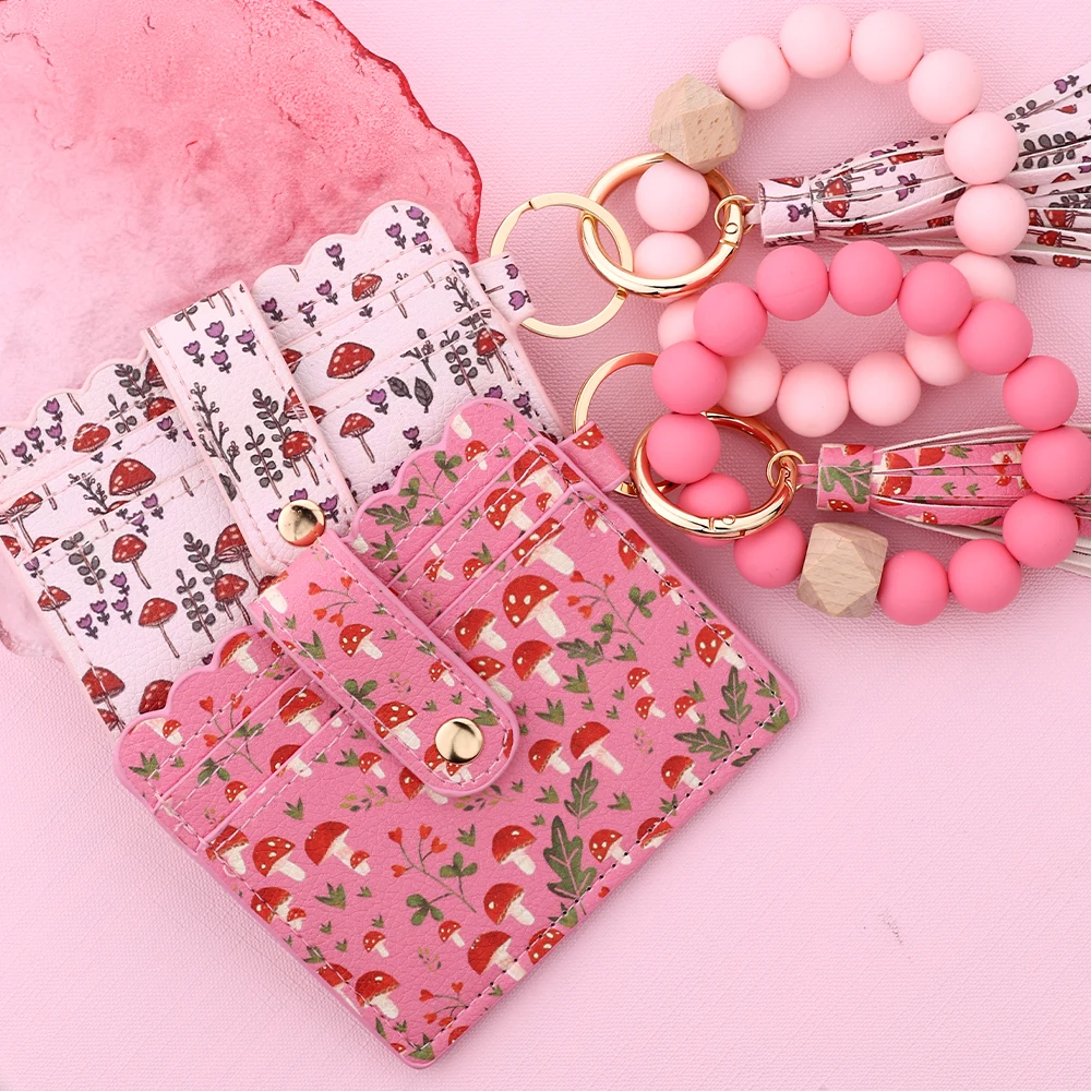 2025 Silicone Bead Bracelet Ocean Print Leather Card Bag Wristlet Keychain Mushroom Fruit Leather Wallet Bangle view 2
