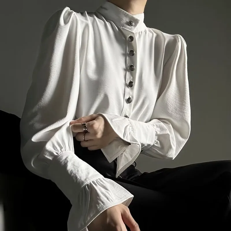 New Retro Stand-up Collar Shirt for Men and Women, Unisex Style Button Decoration Design, French Palace Sleeve Couple Shirt