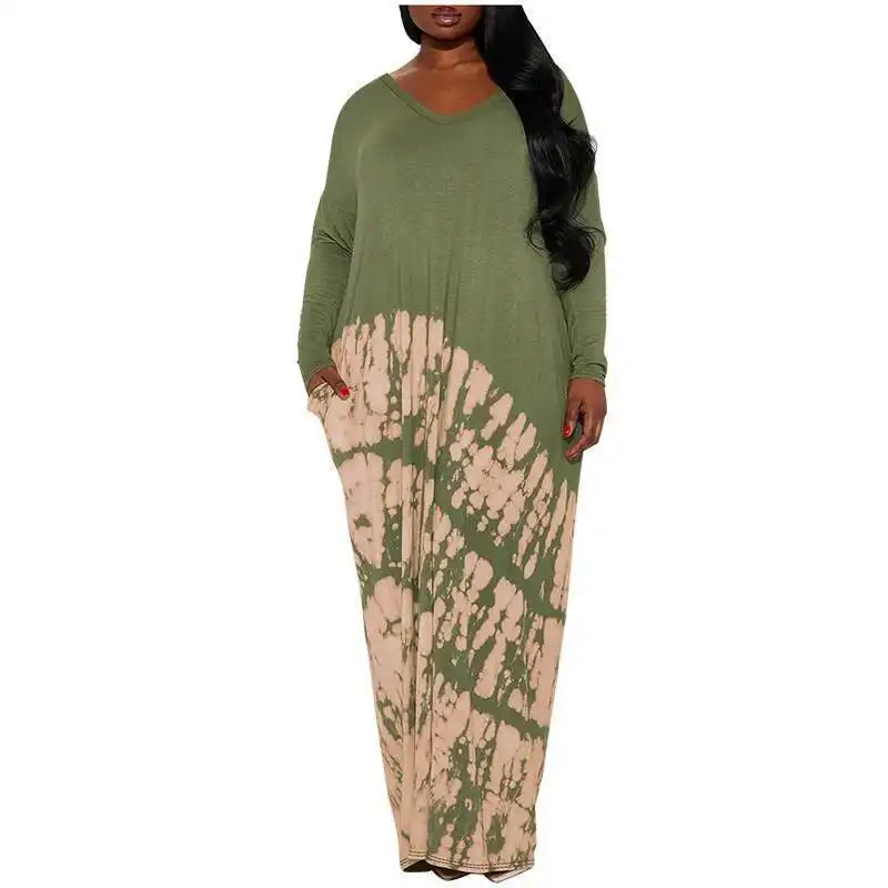 218361 Plus Size Women's New Printed V-neck Long Sleeved Loose Dress Summer-dress 2025 Party Summer Elegantes Casual Y2k