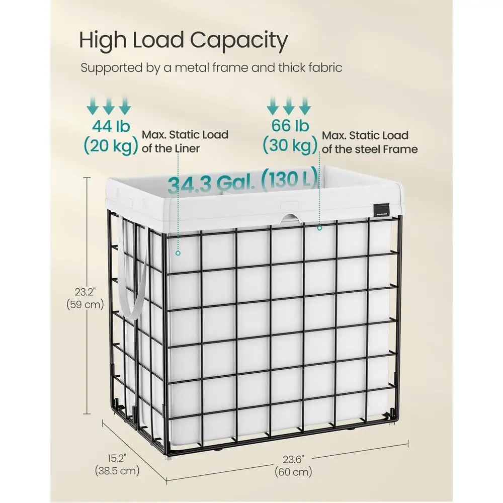 Cesto para Roupa suja 34,3 Gal. Cesto de roupas dobrável 130L, estrutura de fio de metal, fácil de mover, forro lavável, organizador de armazenamento de quarto