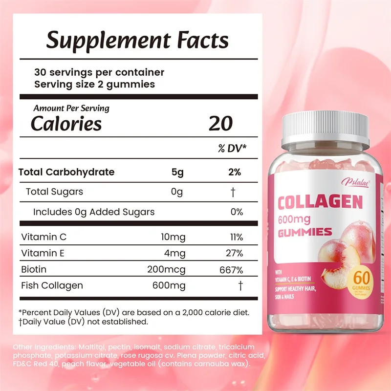 Collagen Gummies 600mg - Smooth and Firm Skin, Reduce Spots,  Increase Skin Elasticity, Improves Vitality and Energy, Non-GMO