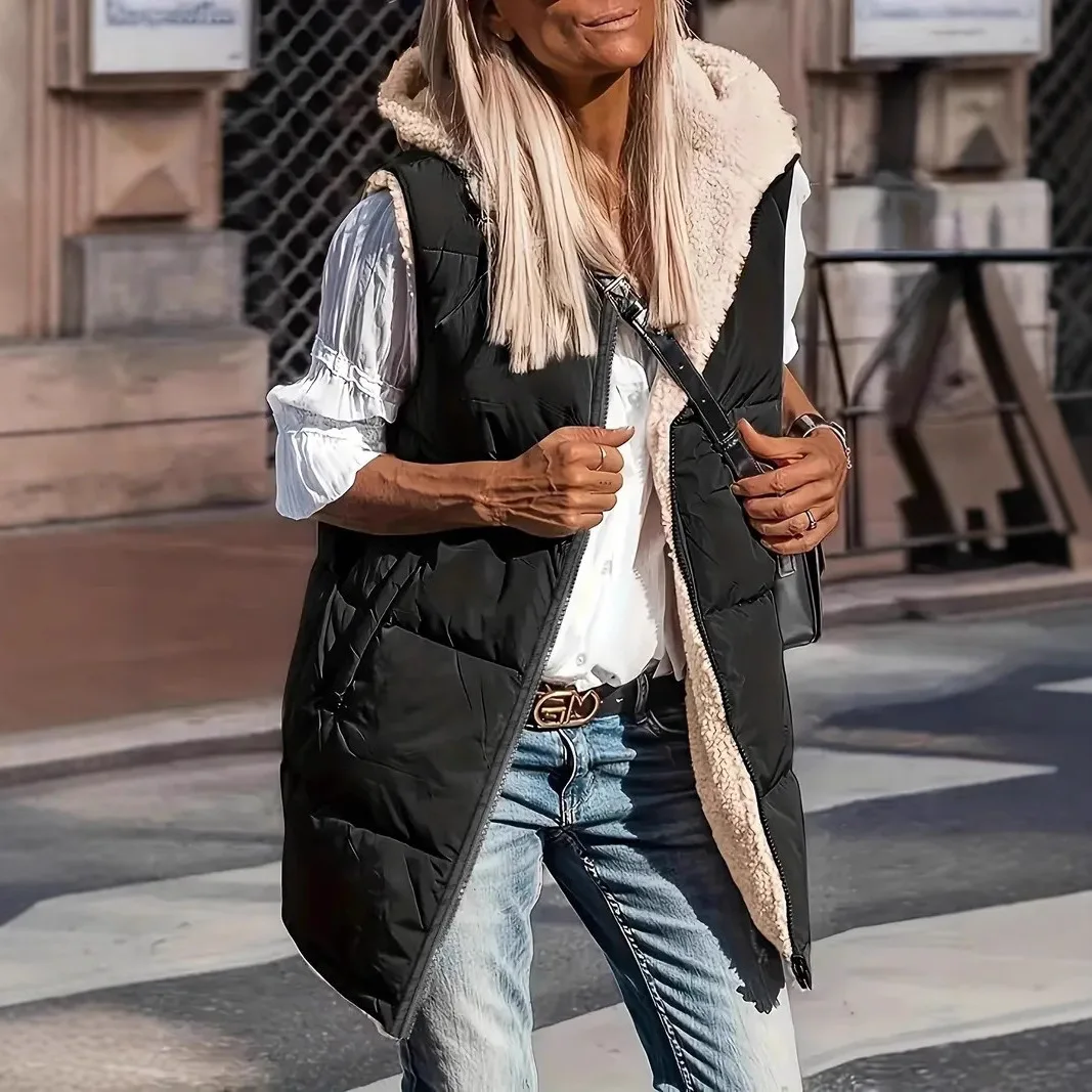 

Hooded Solid Women Parka Cardigan Parkas Zipper Spliced Jackets Outerwear Sleeveless Coats Casual Loose Pockets High Street