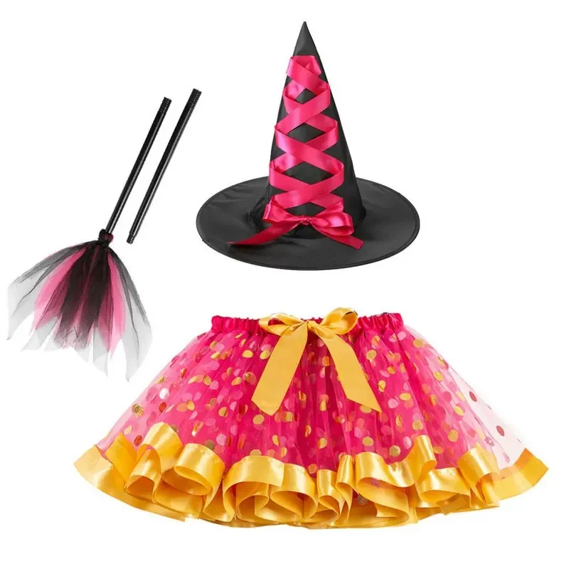 loween New Print Tulle Skirt Witch Hat Broom ort Skirt Tee Piece Set for Girls Polyester Fiber 00% Children's Clothing
