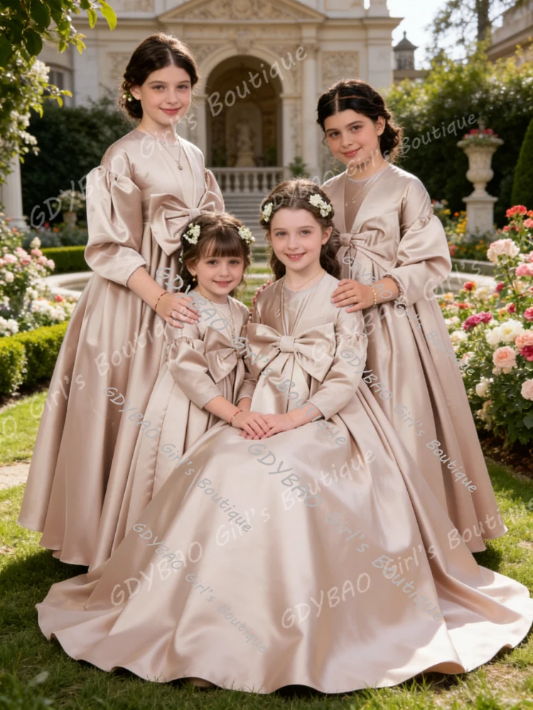 

Graceful Satin Flower Girl Dress for Wedding With Bow High Waist Balloon Sleeve Princess Communion Dress Custom Kids Party Gown