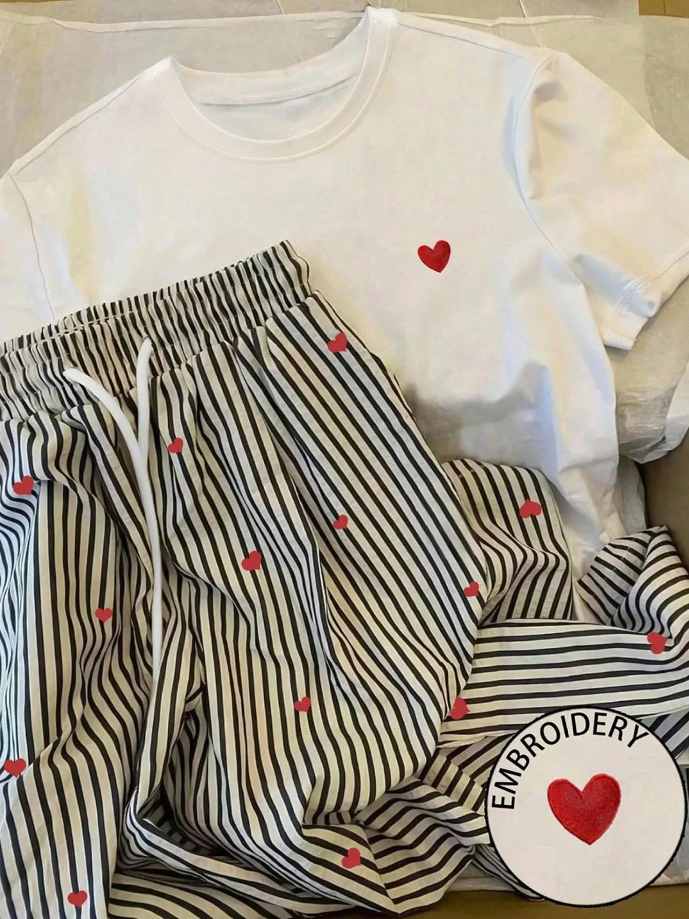 

Heart Embroidery 2 Piece Set Vertical Striped Wide Leg Pants And Tee