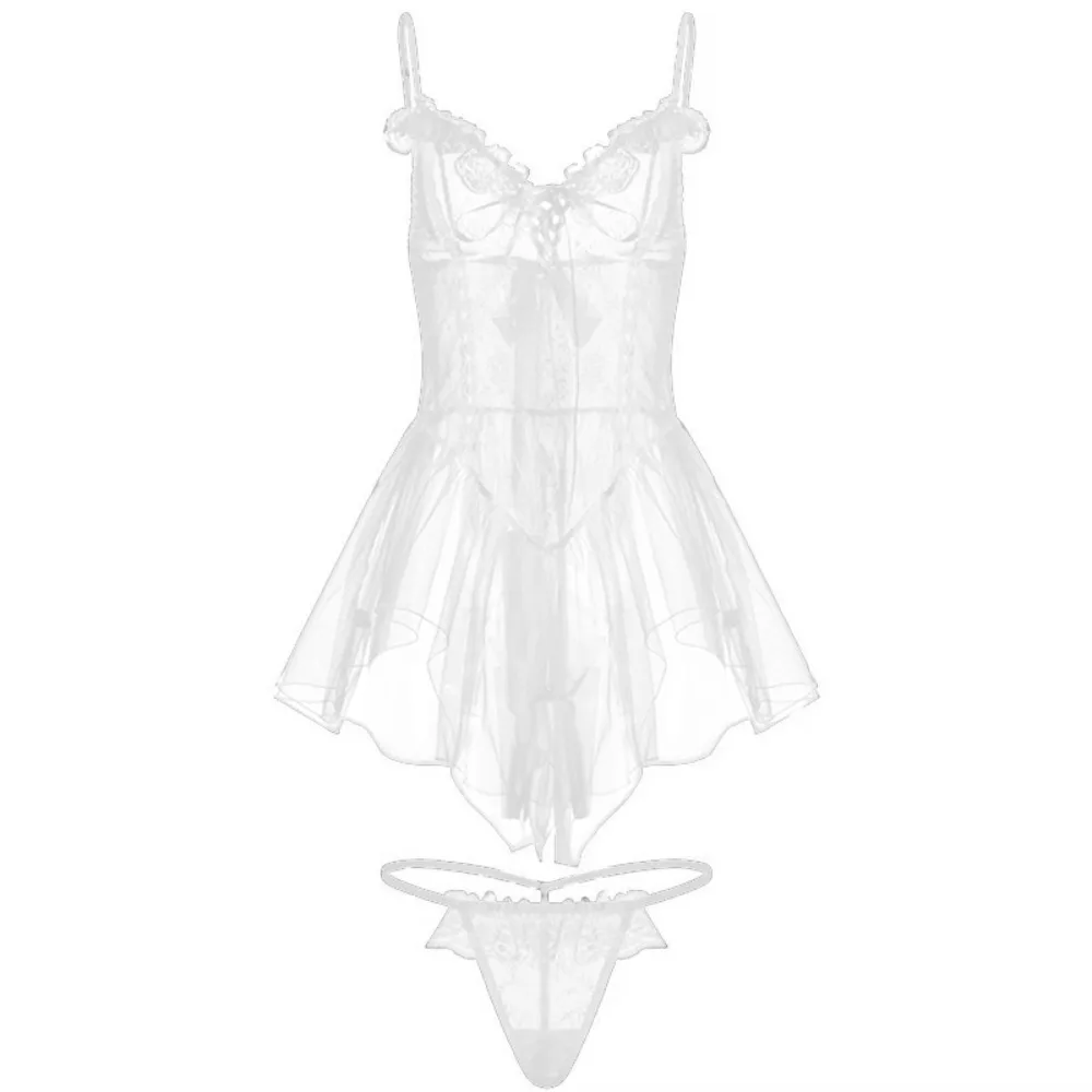 

Sweet V Neck See Through Lace Nightdress Flounce Bowknot Sling Night Dress Irregular Hem Transparent Lace Mesh Nightgown Home