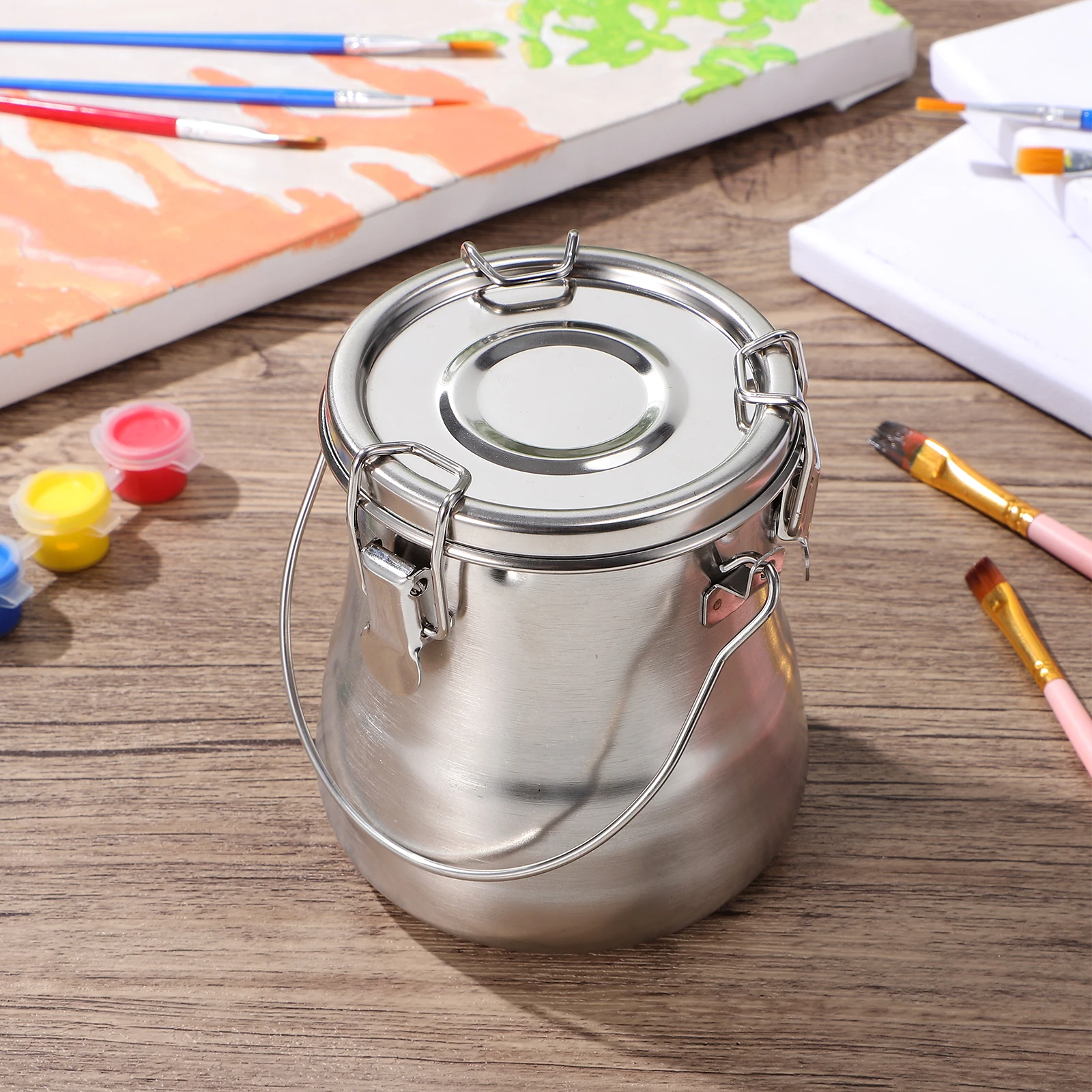 

Double Layer Stainless Steel Brush Washing Bucket Cover Portable Paint Tool Art Class Outdoor Travel Beginners L Size