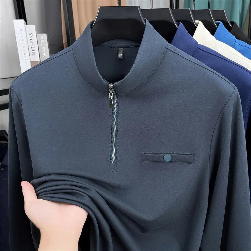 

Мужская футболка с длинными рукавами, осенняя трендовая повседневная одежда, новинка 2025 года, рубашка поло с воротником-стойкой и полумолнией для мужчин