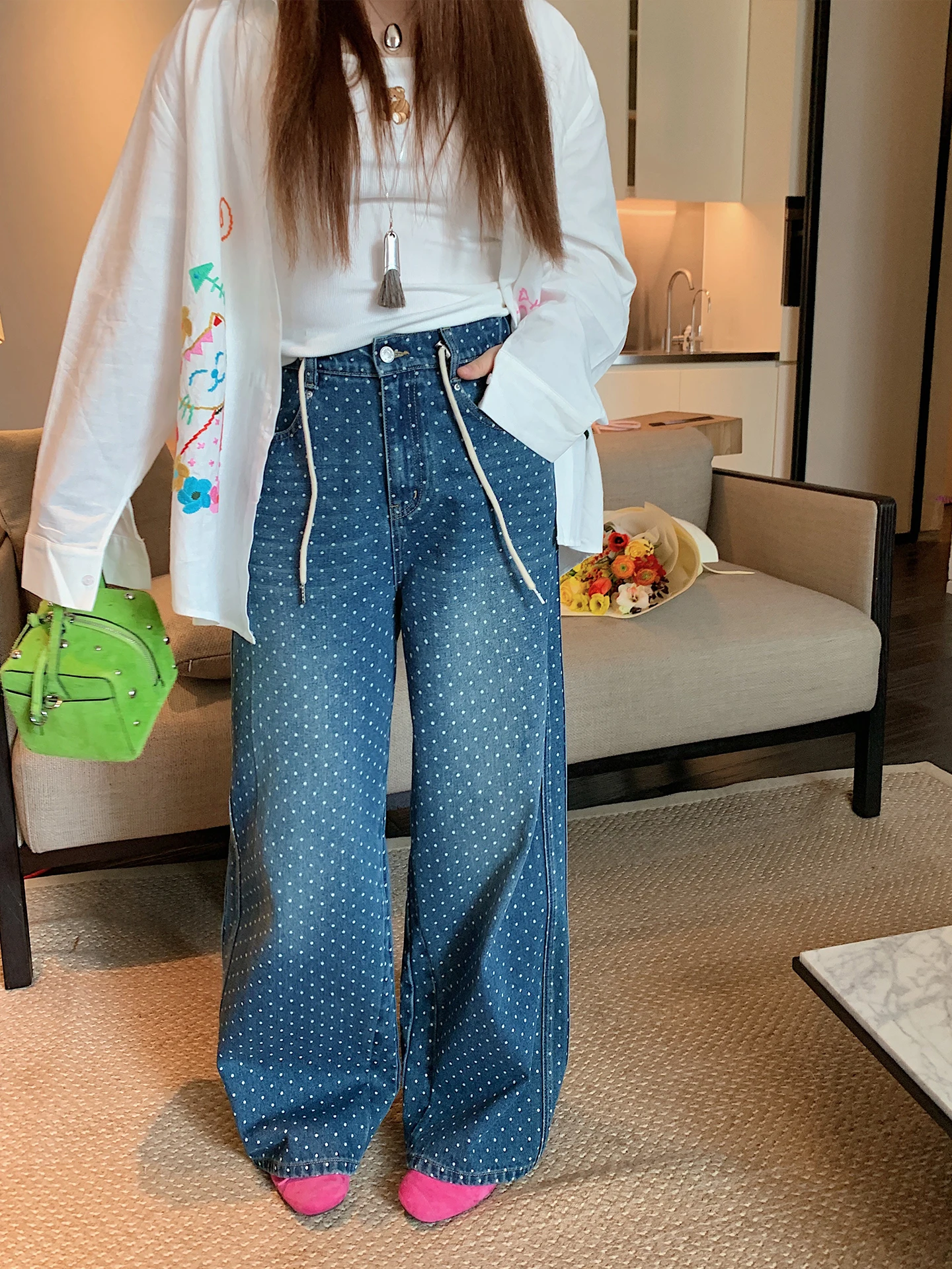 

Dazi Polka Dot Wide Leg Jeans Women's Spring 2026 New plus Size Loose Pants High Waist Button Closure Casual Fashion