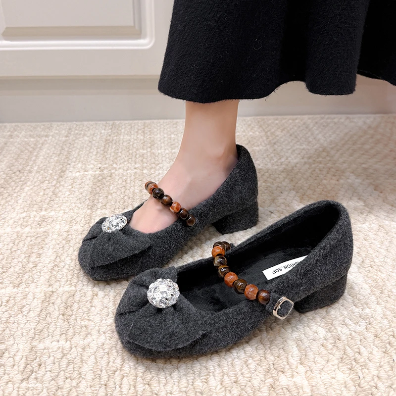 

Mary Jane Single Shoes Spring and Autumn Temperament Square Toe Shallow Mouth One Bow Rhinestone Block Heel Shoes