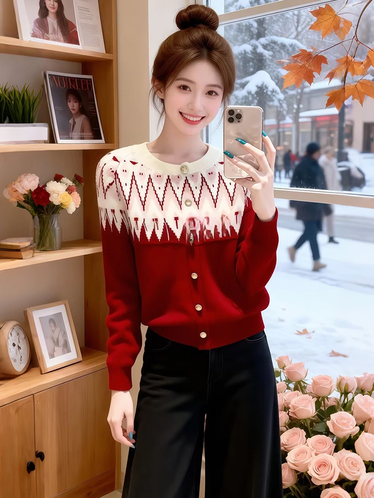 

Женский вязаный свитер приталенного кроя, осенне-зимний, в стиле ретро, с цветными вставками, длинный рукав, круглый вырез, пуловер, трикотаж