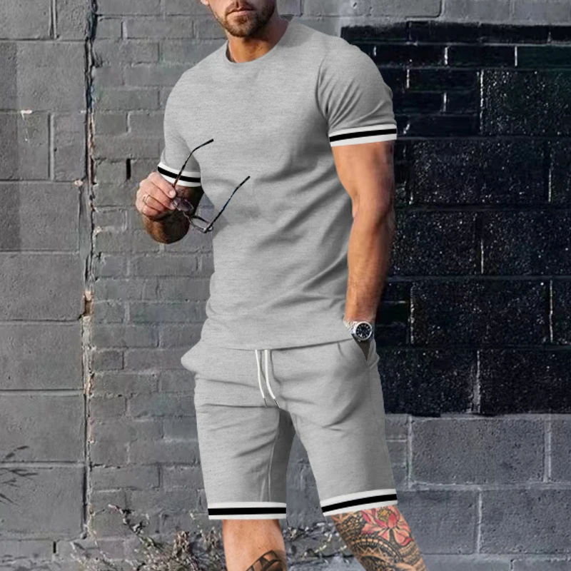 Summer Men\'s Sets T Shirt And Shorts Fashion solid color Two-Piece Summer Daily Casual Clothes Street Wear For Men