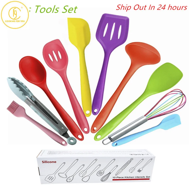 10 Pcs non-stick Silicone Utensils Set Turner Tongs Spatula Soup Spoon Shovel Oil Brush Cooking Tools Set kitchen gadgets items