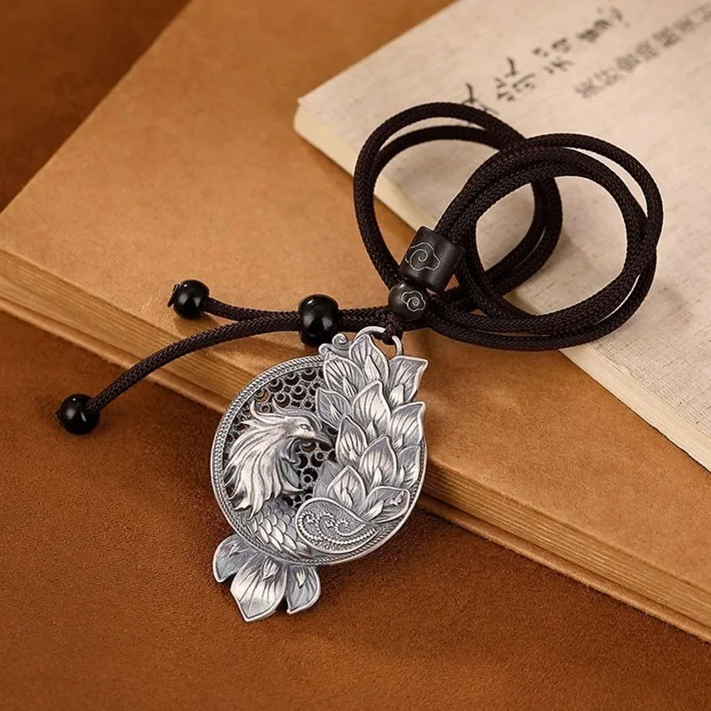 Ethnic Style Thai Silver 925 Vintage Hollow Out Pendant Hanging Long Classic Phoenix Necklace Clavicle Chain Banquet Jewelry