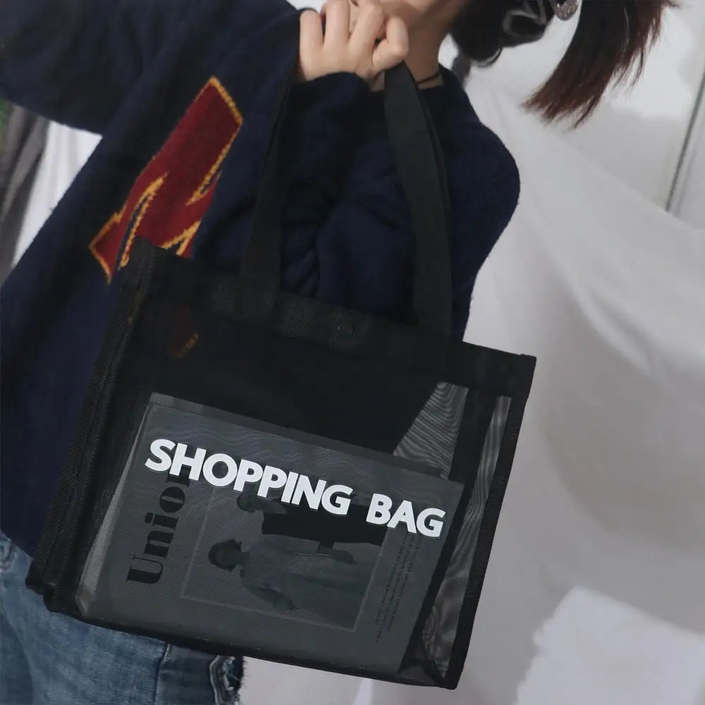 

Nylon Transparent Mesh Shopping Bag Single Shoulder Hasp Large Capacity Tote Bag Black Crossbody Bag Travel Storarge Bag Yoga