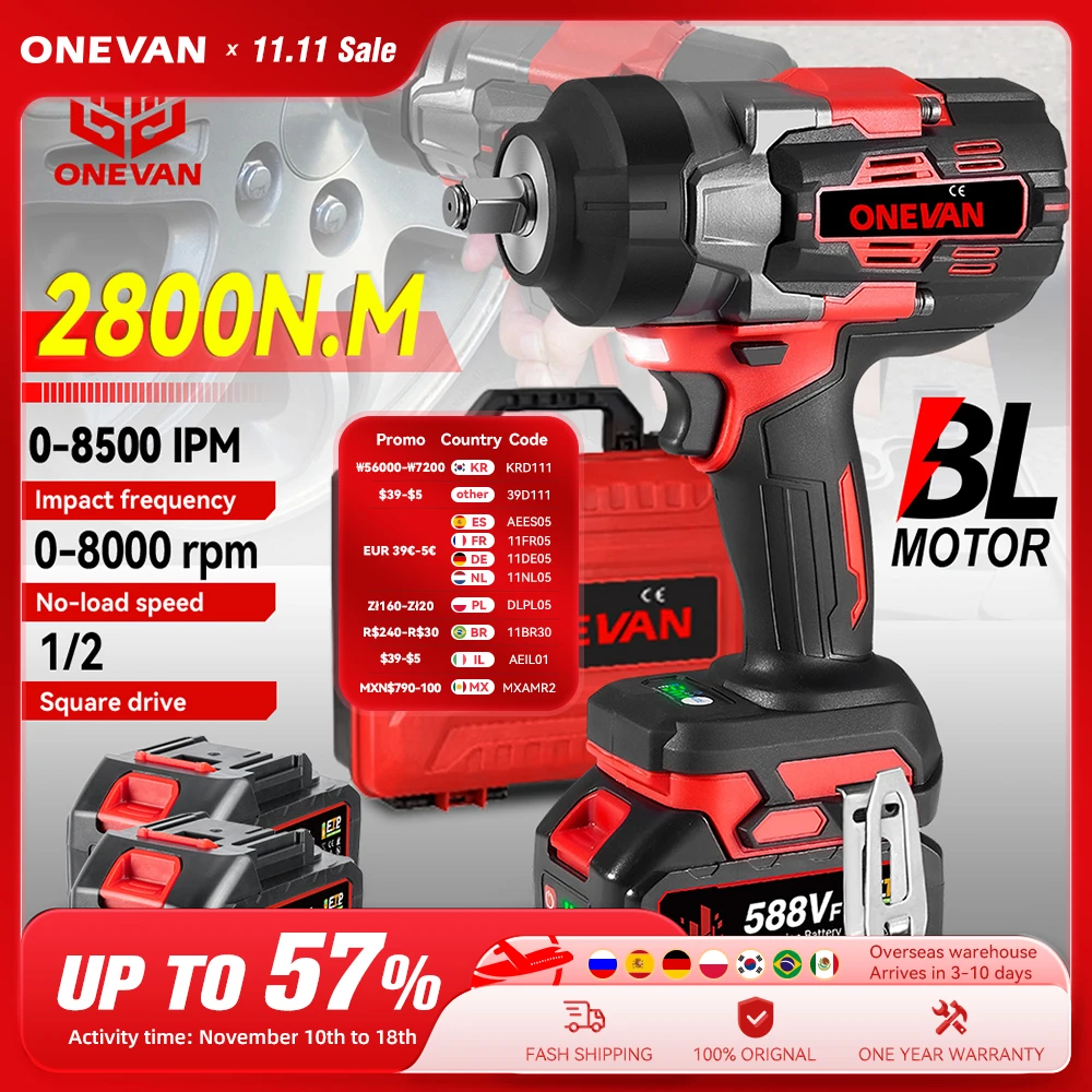 Brushless 2800N.M Electric Impact Wrench 2800W 1/2 Inch Cordless Torque Wrench Screwdriver Power Tool For Makita 18V Battery