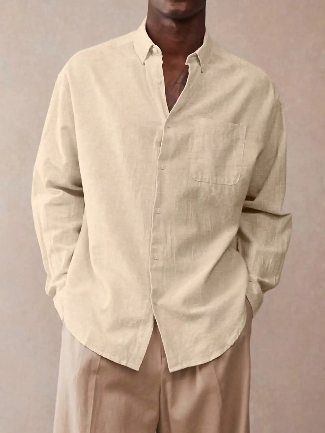 

Men's Relaxed Fit Long Sleeve Shirt in Natural Linen-Like Cotton, Classic Button-Down with Chest Pocket